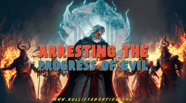 A man surrounded by holy fire, holding a paper. He is surrounded by fiery evil beings. The caption reads, "Arresting the progress of evil."