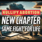 A serene yet determined grassroots movement scene with a laptop, handmade protest signs, Christian iconography, and a sunrise symbolizing hope and new beginnings.