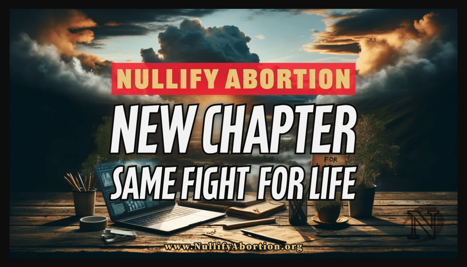 A serene yet determined grassroots movement scene with a laptop, handmade protest signs, Christian iconography, and a sunrise symbolizing hope and new beginnings.